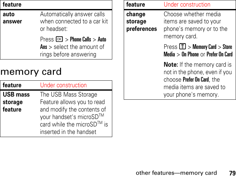 79other features—memory cardmemory cardauto answerAutomatically answer calls when connected to a car kit or headset:Press r &gt; Phone Calls &gt; Auto Ans &gt; select the amount of rings before answeringfeatureUnder constructionUSB mass storage featureThe USB Mass Storage Feature allows you to read and modify the contents of your handset&apos;s microSDTM card while the microSDTM is inserted in the handsetfeaturechange storage preferencesChoose whether media items are saved to your phone&apos;s memory or to the memory card.Press M &gt; Memory Card &gt; Store Media &gt; On Phone or Prefer On CardNote: If the memory card is not in the phone, even if you choose Prefer On Card, the media items are saved to your phone&apos;s memory.featureUnder construction