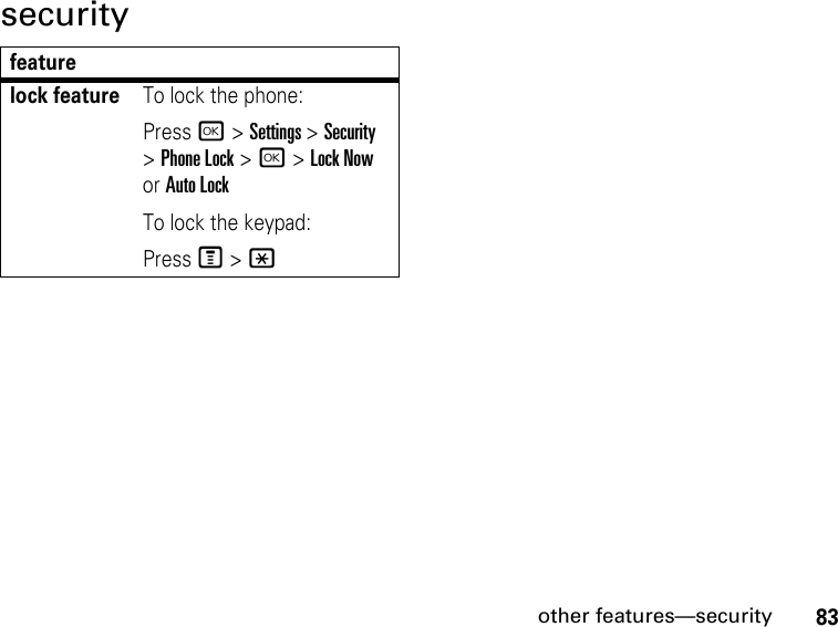 83other features—securitysecurityfeaturelock featureTo lock the phone:Press r &gt; Settings &gt; Security &gt; Phone Lock &gt; r &gt; Lock Now or Auto LockTo lock the keypad:Press M &gt; *