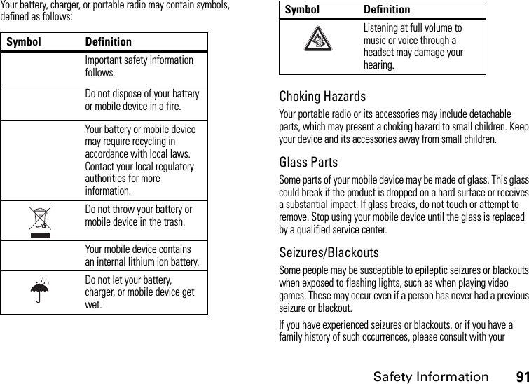 Safety Information91Your battery, charger, or portable radio may contain symbols, defined as follows:Choking HazardsYour portable radio or its accessories may include detachable parts, which may present a choking hazard to small children. Keep your device and its accessories away from small children.Glass PartsSome parts of your mobile device may be made of glass. This glass could break if the product is dropped on a hard surface or receives a substantial impact. If glass breaks, do not touch or attempt to remove. Stop using your mobile device until the glass is replaced by a qualified service center.Seizures/BlackoutsSome people may be susceptible to epileptic seizures or blackouts when exposed to flashing lights, such as when playing video games. These may occur even if a person has never had a previous seizure or blackout.If you have experienced seizures or blackouts, or if you have a family history of such occurrences, please consult with your Symbol DefinitionImportant safety information follows.Do not dispose of your battery or mobile device in a fire.Your battery or mobile device may require recycling in accordance with local laws. Contact your local regulatory authorities for more information.Do not throw your battery or mobile device in the trash.Your mobile device contains an internal lithium ion battery.Do not let your battery, charger, or mobile device get wet.Listening at full volume to music or voice through a headset may damage your hearing.Symbol Definition