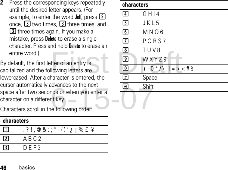 46basics2Press the corresponding keys repeatedly until the desired letter appears. (For example, to enter the word Jeff, press 5 once, 3 two times, 3 three times, and 3 three times again. If you make a mistake, press Delete to erase a single character. Press and hold Delete to erase an entire word.)By default, the first letter of an entry is capitalized and the following letters are lowercased. After a character is entered, the cursor automatically advances to the next space after two seconds or when you enter a character on a different key.Characters scroll in the following order: characters1. ? ! , @ &amp; : ; “ - ( ) ‘ ¿ ¡ % £  ¥2A B C 23D E F 34G H I 45J K L 56M N O 67P Q R S 78T U V 89W X Y Z 90+ - 0 * / \ [ ] = &gt; &lt; # §#Space*ShiftcharactersFirst Draft 6-15-07