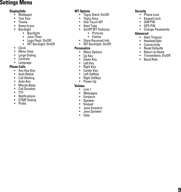 9Settings MenuDisplay/Info• Wallpaper• Text Size• Theme• Home Icons• Backlight• Backlight• Java Timer• Logo Flash: On/Off• WT Backlight: On/Off• Clock• Menu View• Large Dialing• Contrast• LanguagePhone Calls• Any Key Ans• Auto Redial• Call Waiting• Auto Ans• Minute Beep• Call Duration• TTY• Notifications• DTMF Dialing•PrefixWT Options• Tkgrp Silent: On/Off• Tkgrp  Area • One Touch WT• Alert Type• On/Off WT Features•Pictures• Events• Store Received Info• WT Backlight: On/OffPersonalize• Menu Options• Up Key• Down Key• Left Key• Right Key• Center Key• Left Softkey• Right Softkey• Power UpVolume•Line 1• Messages• Earpiece• Speaker• Keypad• Java Earpiece• Java Speaker•DataSecurity• Phone Lock• Keypad Lock• SIM PIN• GPS PIN• Change PasswordsAdvanced• Alert Timeout• Headset/Spkr• Connectivity• Reset Defaults• Return to Home• Transmitters: On/Off• Baud Rate