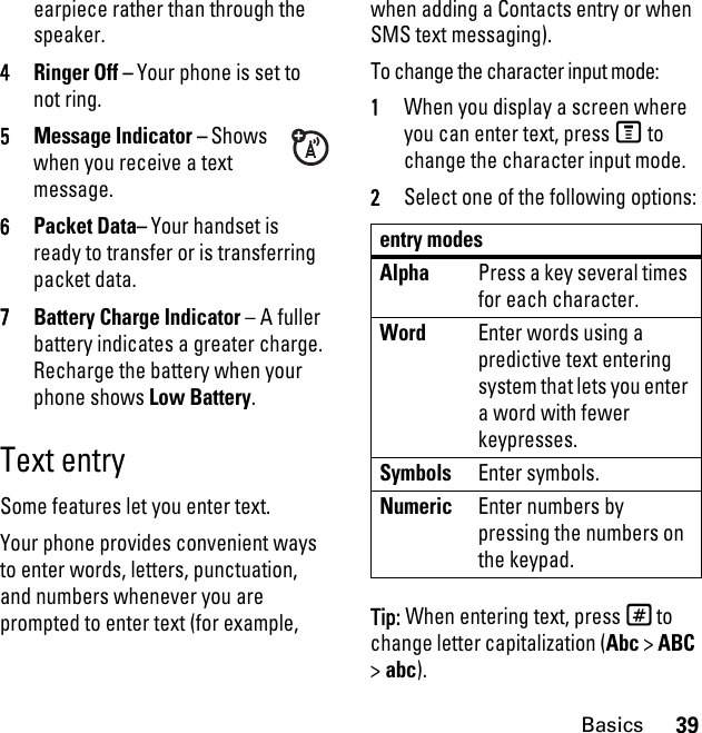 39Basicsearpiece rather than through the speaker.4Ringer Off – Your phone is set to not ring.5Message Indicator – Shows when you receive a text message. 6Packet Data– Your handset is ready to transfer or is transferring packet data.7Battery Charge Indicator – A fuller battery indicates a greater charge. Recharge the battery when your phone shows Low Battery.Text entrySome features let you enter text.Your phone provides convenient ways to enter words, letters, punctuation, and numbers whenever you are prompted to enter text (for example, when adding a Contacts entry or when SMS text messaging).To change the character input mode:1When you display a screen where you can enter text, press M to change the character input mode.2Select one of the following options:Tip: When entering text, press # to change letter capitalization (Abc &gt; ABC &gt; abc).entry modesAlphaPress a key several times for each character.WordEnter words using a predictive text entering system that lets you enter a word with fewer keypresses.SymbolsEnter symbols.NumericEnter numbers by pressing the numbers on the keypad.