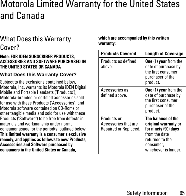 Safety Information65Motorola Limited Warranty for the United States and CanadaWhat Does this Warranty Cover?Note: FOR IDEN SUBSCRIBER PRODUCTS, ACCESSORIES AND SOFTWARE PURCHASED IN THE UNITED STATES OR CANADAWhat Does this Warranty Cover? Subject to the exclusions contained below, Motorola, Inc. warrants its Motorola iDEN Digital Mobile and Portable Handsets (&quot;Products&quot;), Motorola-branded or certified accessories sold for use with these Products (&quot;Accessories&quot;) and Motorola software contained on CD-Roms or other tangible media and sold for use with these Products (&quot;Software&quot;) to be free from defects in materials and workmanship under normal consumer usage for the period(s) outlined below. This limited warranty is a consumer&apos;s exclusive remedy, and applies as follows to new Products, Accessories and Software purchased by consumers in the United States or Canada, which are accompanied by this written warranty:Products Covered Length of CoverageProducts as defined above.One (1) year from the date of purchase by the first consumer purchaser of the product.Accessories as defined above.One (1) year from the date of purchase by the first consumer purchaser of the product.Products or Accessories that are Repaired or Replaced.The balance of the original warranty or for ninety (90) days from the date returned to the consumer, whichever is longer.