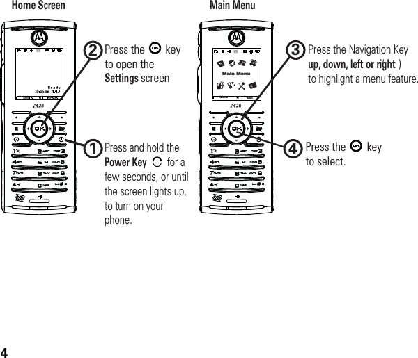 4More ExitlSMain MenuTcRXUZHome ScreenMain Menu1234Press the     keyto select.Press the    keyto open theSettings screen Press and hold the Power Key for a few seconds, or until the screen lights up, to turn on your phone.Press the Navigation Key up, down, left or right ()to highlight a menu feature.