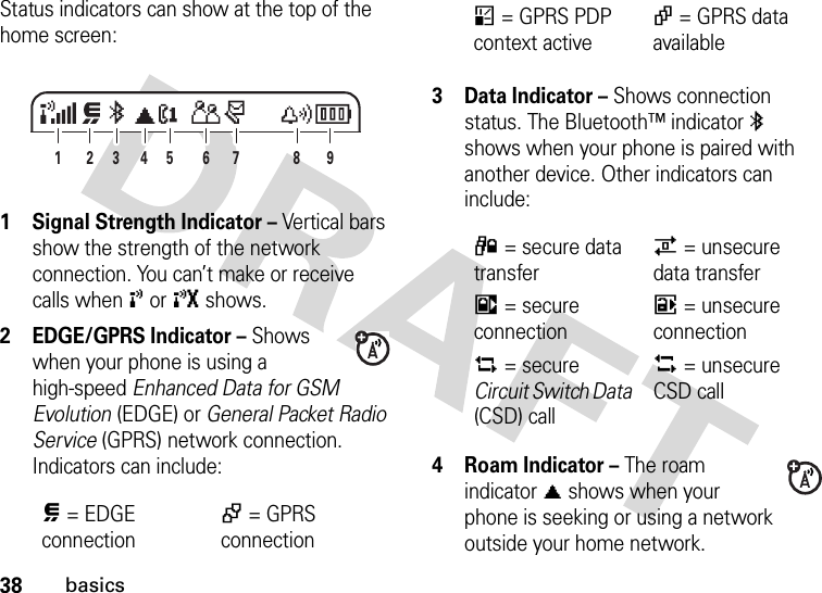 38basicsStatus indicators can show at the top of the home screen: 1 Signal Strength Indicator – Vertical bars show the strength of the network connection. You can’t make or receive calls when ! or ) shows.2 EDGE/GPRS Indicator – Shows when your phone is using a high-speed Enhanced Data for GSM Evolution (EDGE) or General Packet Radio Service (GPRS) network connection. Indicators can include:3 Data Indicator – Shows connection status. The Bluetooth™ indicator à shows when your phone is paired with another device. Other indicators can include:4Roam Indicator – The roam indicator ã shows when your phone is seeking or using a network outside your home network.ø= EDGE connection+= GPRS connection28946135 7*= GPRS PDP context active,= GPRS data available4= secure data transfer7= unsecure data transfer3= secure connection6= unsecure connection2= secure Circuit Switch Data (CSD) call5= unsecure CSD call