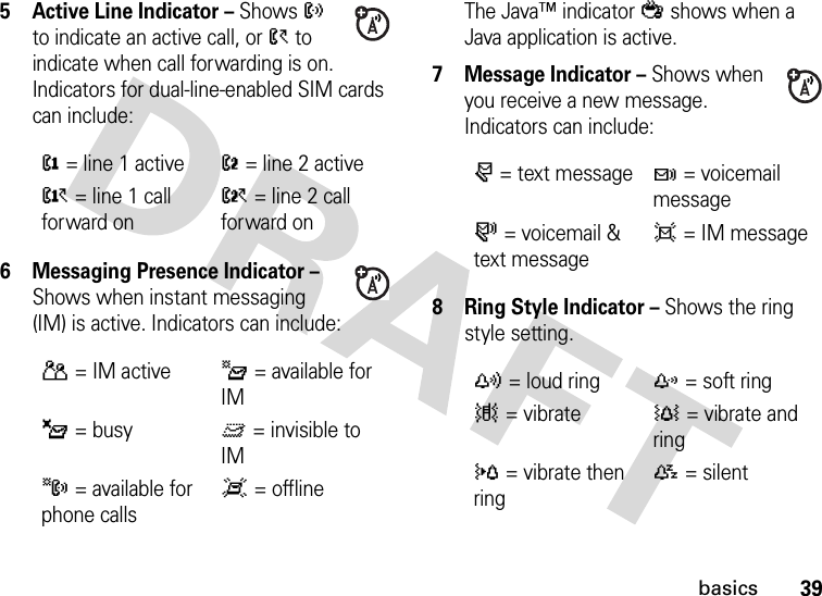 39basics5 Active Line Indicator – Shows ? to indicate an active call, or &gt; to indicate when call forwarding is on. Indicators for dual-line-enabled SIM cards can include:6 Messaging Presence Indicator – Shows when instant messaging (IM) is active. Indicators can include:The Java™ indicator Ê shows when a Java application is active.7 Message Indicator – Shows when you receive a new message. Indicators can include:8 Ring Style Indicator – Shows the ring style setting.@= line 1 activeB= line 2 activeA= line 1 call forward onC= line 2 call forward onP= IM activeI= available for IM_= busyQ= invisible to IMJ= available for phone callsX= offliner= text messaget= voicemail messages= voicemail &amp; text messaged= IM messagey= loud ringz= soft ring|= vibrate†= vibrate and ring}= vibrate then ring{= silent 