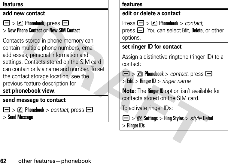 62other features—phonebookadd new contacta&gt;nPhonebook, press a &gt;New Phone Contact or New SIM ContactContacts stored in phone memory can contain multiple phone numbers, email addresses, personal information and settings. Contacts stored on the SIM card can contain only a name and number. To set the contact storage location, see the previous feature description for set phonebook view.send message to contacta&gt;nPhonebook &gt; contact, press a &gt;Send Messagefeaturesedit or delete a contactPress a &gt;nPhonebook &gt; contact, pressa. You can select Edit, Delete, or other options.set ringer ID for contactAssign a distinctive ringtone (ringer ID) to a contact:a &gt;nPhonebook &gt; contact, press a &gt;Edit&gt;Ringer ID&gt;ringer nameNote: The Ringer ID option isn’t available for contacts stored on the SIM card.To activate ringer IDs:a &gt;wSettings &gt;Ring Styles &gt; styleDetail &gt;Ringer IDsfeatures