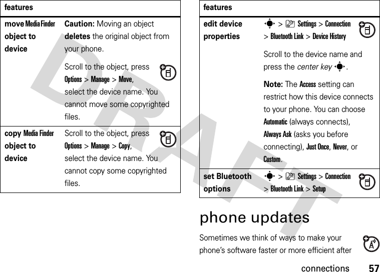 57connectionsphone updatesSometimes we think of ways to make your phone’s software faster or more efficient after move Media Finder object to deviceCaution: Moving an object deletes the original object from your phone.Scroll to the object, press Options&gt;Manage &gt;Move, select the device name. You cannot move some copyrighted files.copy Media Finder object to deviceScroll to the object, press Options&gt;Manage &gt;Copy, select the device name. You cannot copy some copyrighted files.featuresedit device propertiess&gt;}Settings &gt;Connection &gt;Bluetooth Link &gt;Device HistoryScroll to the device name and press the center keys.Note: The Access setting can restrict how this device connects to your phone. You can choose Automatic (always connects), Always Ask (asks you before connecting), Just Once, Never, or Custom.set Bluetooth optionss&gt;}Settings &gt;Connection &gt;Bluetooth Link &gt;Setupfeatures