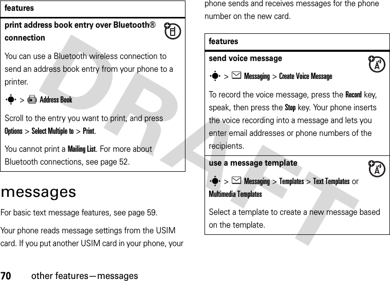 70other features—messagesmessagesFor basic text message features, see page 59.Your phone reads message settings from the USIM card. If you put another USIM card in your phone, your phone sends and receives messages for the phone number on the new card.print address book entry over Bluetooth® connectionYou can use a Bluetooth wireless connection to send an address book entry from your phone to a printer.s&gt;=Address BookScroll to the entry you want to print, and press Options&gt;Select Multiple to&gt;Print.You cannot print a Mailing List. For more about Bluetooth connections, see page 52.featuresfeaturessend voice messages&gt;eMessaging &gt;Create Voice MessageTo record the voice message, press the Record key, speak, then press the Stop key. Your phone inserts the voice recording into a message and lets you enter email addresses or phone numbers of the recipients. use a message templates&gt;eMessaging &gt;Templates &gt;Text Templatesor MultimediaTemplatesSelect a template to create a new message based on the template.