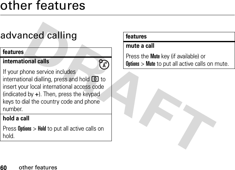 60other featuresother featuresadvanced callingfeaturesinternational callsIf your phone service includes international dialling, press and hold 0 to insert your local international access code (indicated by +). Then, press the keypad keys to dial the country code and phone number.hold a callPress Options&gt;Hold to put all active calls on hold.mute a callPress the Mute key (if available) or Options&gt;Mute to put all active calls on mute.features