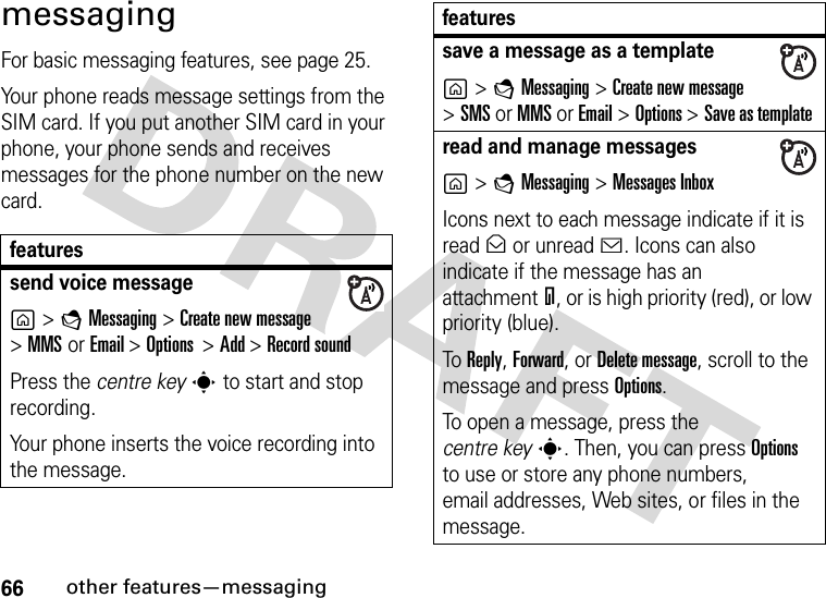 66other features—messagingmessagingFor basic messaging features, see page 25.Your phone reads message settings from the SIM card. If you put another SIM card in your phone, your phone sends and receives messages for the phone number on the new card.featuressend voice messageg&gt;EMessaging &gt;Create new message &gt;MMS or Email &gt;Options  &gt;Add &gt;Record soundPress the centre keys to start and stop recording.Your phone inserts the voice recording into the message. save a message as a templateg&gt;EMessaging &gt;Create new message &gt;SMS or MMS or Email &gt;Options &gt;Save as template read and manage messagesg&gt;EMessaging &gt;Messages InboxIcons next to each message indicate if it is read&gt; or unread&lt;. Icons can also indicate if the message has an attachment=, or is high priority (red), or low priority (blue).To Reply, Forward, or Delete message, scroll to the message and press Options.To open a message, press the centre keys. Then, you can press Options to use or store any phone numbers, email addresses, Web sites, or files in the message. features