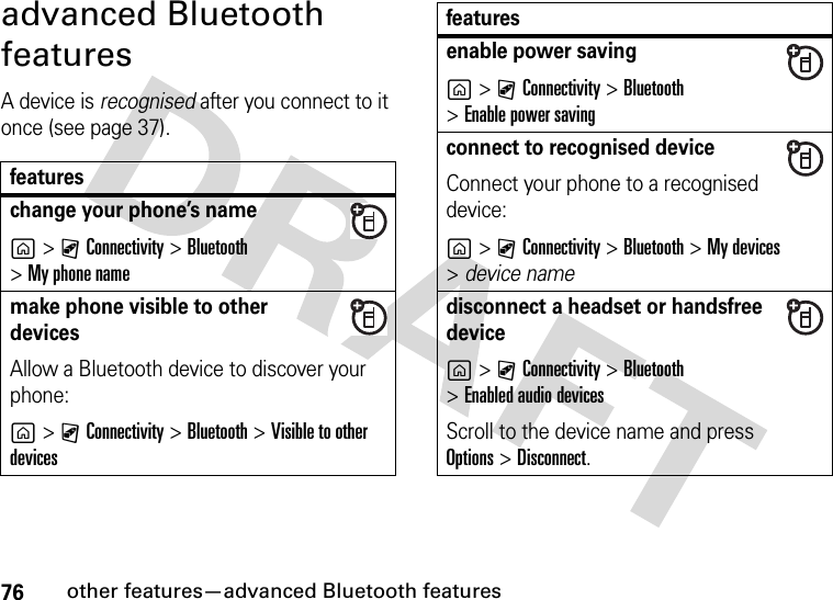 76other features—advanced Bluetooth featuresadvanced Bluetooth featuresA device is recognised after you connect to it once (see page 37).featureschange your phone’s nameg&gt;CConnectivity &gt;Bluetooth &gt;My phone namemake phone visible to other devicesAllow a Bluetooth device to discover your phone:g&gt;CConnectivity &gt;Bluetooth &gt;Visible to other devicesenable power savingg&gt;CConnectivity &gt;Bluetooth &gt;Enable power savingconnect to recognised deviceConnect your phone to a recognised device:g&gt;CConnectivity &gt;Bluetooth &gt;My devices &gt;device namedisconnect a headset or handsfree deviceg&gt;CConnectivity &gt;Bluetooth &gt;Enabled audio devicesScroll to the device name and press Options&gt;Disconnect.features