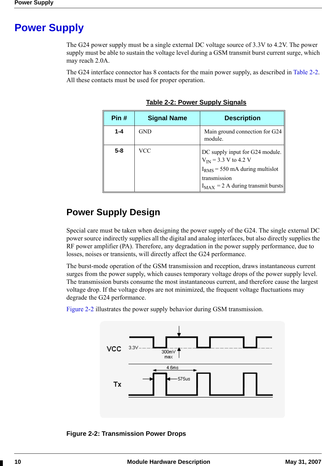 Power Supply10  Module Hardware Description May 31, 2007Power SupplyThe G24 power supply must be a single external DC voltage source of 3.3V to 4.2V. The power supply must be able to sustain the voltage level during a GSM transmit burst current surge, which may reach 2.0A.The G24 interface connector has 8 contacts for the main power supply, as described in Table 2-2. All these contacts must be used for proper operation.Power Supply DesignSpecial care must be taken when designing the power supply of the G24. The single external DC power source indirectly supplies all the digital and analog interfaces, but also directly supplies the RF power amplifier (PA). Therefore, any degradation in the power supply performance, due to losses, noises or transients, will directly affect the G24 performance.The burst-mode operation of the GSM transmission and reception, draws instantaneous current surges from the power supply, which causes temporary voltage drops of the power supply level. The transmission bursts consume the most instantaneous current, and therefore cause the largest voltage drop. If the voltage drops are not minimized, the frequent voltage fluctuations may degrade the G24 performance.Figure 2-2 illustrates the power supply behavior during GSM transmission.Figure 2-2: Transmission Power DropsTable 2-2: Power Supply SignalsPin # Signal Name Description1-4 GND Main ground connection for G24 module.5-8 VCC DC supply input for G24 module.VIN = 3.3 V to 4.2 VIRMS = 550 mA during multislot transmissionIMAX  = 2 A during transmit bursts