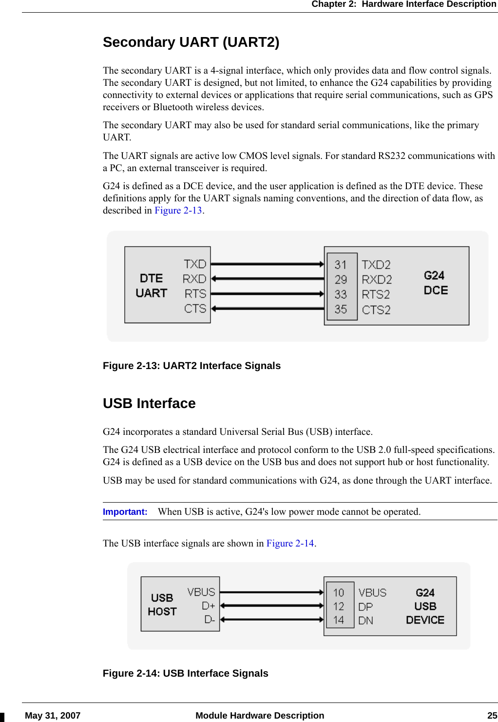 Chapter 2:  Hardware Interface Description May 31, 2007 Module Hardware Description 25Secondary UART (UART2)The secondary UART is a 4-signal interface, which only provides data and flow control signals. The secondary UART is designed, but not limited, to enhance the G24 capabilities by providing connectivity to external devices or applications that require serial communications, such as GPS receivers or Bluetooth wireless devices.The secondary UART may also be used for standard serial communications, like the primary UART.The UART signals are active low CMOS level signals. For standard RS232 communications with a PC, an external transceiver is required.G24 is defined as a DCE device, and the user application is defined as the DTE device. These definitions apply for the UART signals naming conventions, and the direction of data flow, as described in Figure 2-13.Figure 2-13: UART2 Interface SignalsUSB InterfaceG24 incorporates a standard Universal Serial Bus (USB) interface.The G24 USB electrical interface and protocol conform to the USB 2.0 full-speed specifications. G24 is defined as a USB device on the USB bus and does not support hub or host functionality.USB may be used for standard communications with G24, as done through the UART interface.Important: When USB is active, G24&apos;s low power mode cannot be operated.The USB interface signals are shown in Figure 2-14.Figure 2-14: USB Interface Signals