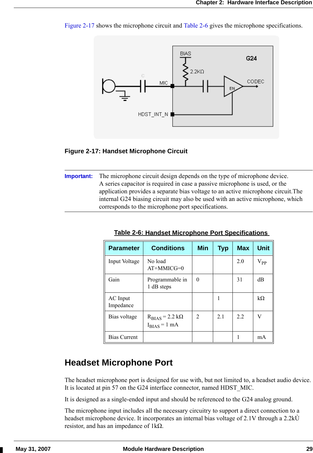 Chapter 2:  Hardware Interface Description May 31, 2007 Module Hardware Description 29Figure 2-17 shows the microphone circuit and Table 2-6 gives the microphone specifications.Figure 2-17: Handset Microphone CircuitImportant: The microphone circuit design depends on the type of microphone device. A series capacitor is required in case a passive microphone is used, or the application provides a separate bias voltage to an active microphone circuit.The internal G24 biasing circuit may also be used with an active microphone, which corresponds to the microphone port specifications.Headset Microphone PortThe headset microphone port is designed for use with, but not limited to, a headset audio device. It is located at pin 57 on the G24 interface connector, named HDST_MIC.It is designed as a single-ended input and should be referenced to the G24 analog ground.The microphone input includes all the necessary circuitry to support a direct connection to a headset microphone device. It incorporates an internal bias voltage of 2.1V through a 2.2kÙ resistor, and has an impedance of 1kΩ.Table 2-6: Handset Microphone Port SpecificationsParameter Conditions Min Typ Max UnitInput Voltage No loadAT+MMICG=02.0 VPPGain Programmable in 1 dB steps031dBAC Input Impedance1kΩBias voltage RBIAS = 2.2 kΩIBIAS = 1 mA22.12.2VBias Current 1 mA