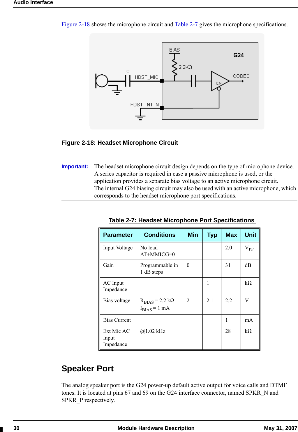 Audio Interface30  Module Hardware Description May 31, 2007Figure 2-18 shows the microphone circuit and Table 2-7 gives the microphone specifications.Figure 2-18: Headset Microphone CircuitImportant: The headset microphone circuit design depends on the type of microphone device.A series capacitor is required in case a passive microphone is used, or the application provides a separate bias voltage to an active microphone circuit.The internal G24 biasing circuit may also be used with an active microphone, which corresponds to the headset microphone port specifications.Speaker PortThe analog speaker port is the G24 power-up default active output for voice calls and DTMF tones. It is located at pins 67 and 69 on the G24 interface connector, named SPKR_N and SPKR_P respectively.Table 2-7: Headset Microphone Port SpecificationsParameter Conditions Min Typ Max UnitInput Voltage No loadAT+MMICG=02.0 VPPGain Programmable in 1 dB steps031dBAC Input Impedance1kΩBias voltage RBIAS = 2.2 kΩIBIAS = 1 mA22.12.2VBias Current 1 mAExt Mic AC Input Impedance@1.02 kHz 28 kΩ