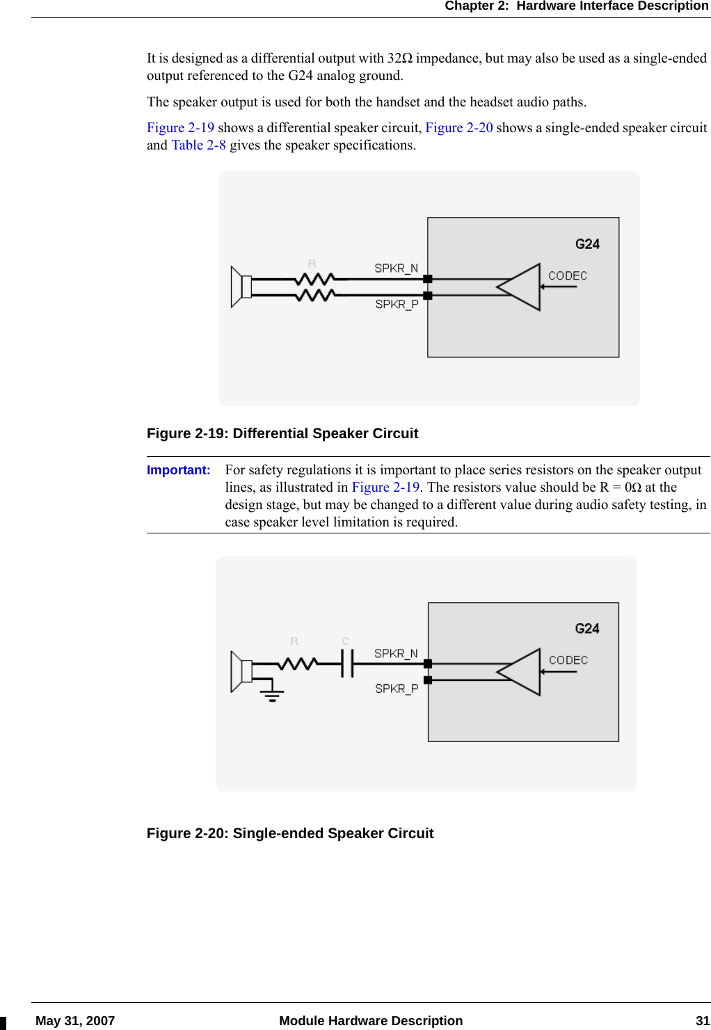 Chapter 2:  Hardware Interface Description May 31, 2007 Module Hardware Description 31It is designed as a differential output with 32Ω impedance, but may also be used as a single-ended output referenced to the G24 analog ground.The speaker output is used for both the handset and the headset audio paths.Figure 2-19 shows a differential speaker circuit, Figure 2-20 shows a single-ended speaker circuit and Table 2-8 gives the speaker specifications.Figure 2-19: Differential Speaker CircuitImportant: For safety regulations it is important to place series resistors on the speaker output lines, as illustrated in Figure 2-19. The resistors value should be R = 0Ω at the design stage, but may be changed to a different value during audio safety testing, in case speaker level limitation is required.Figure 2-20: Single-ended Speaker Circuit