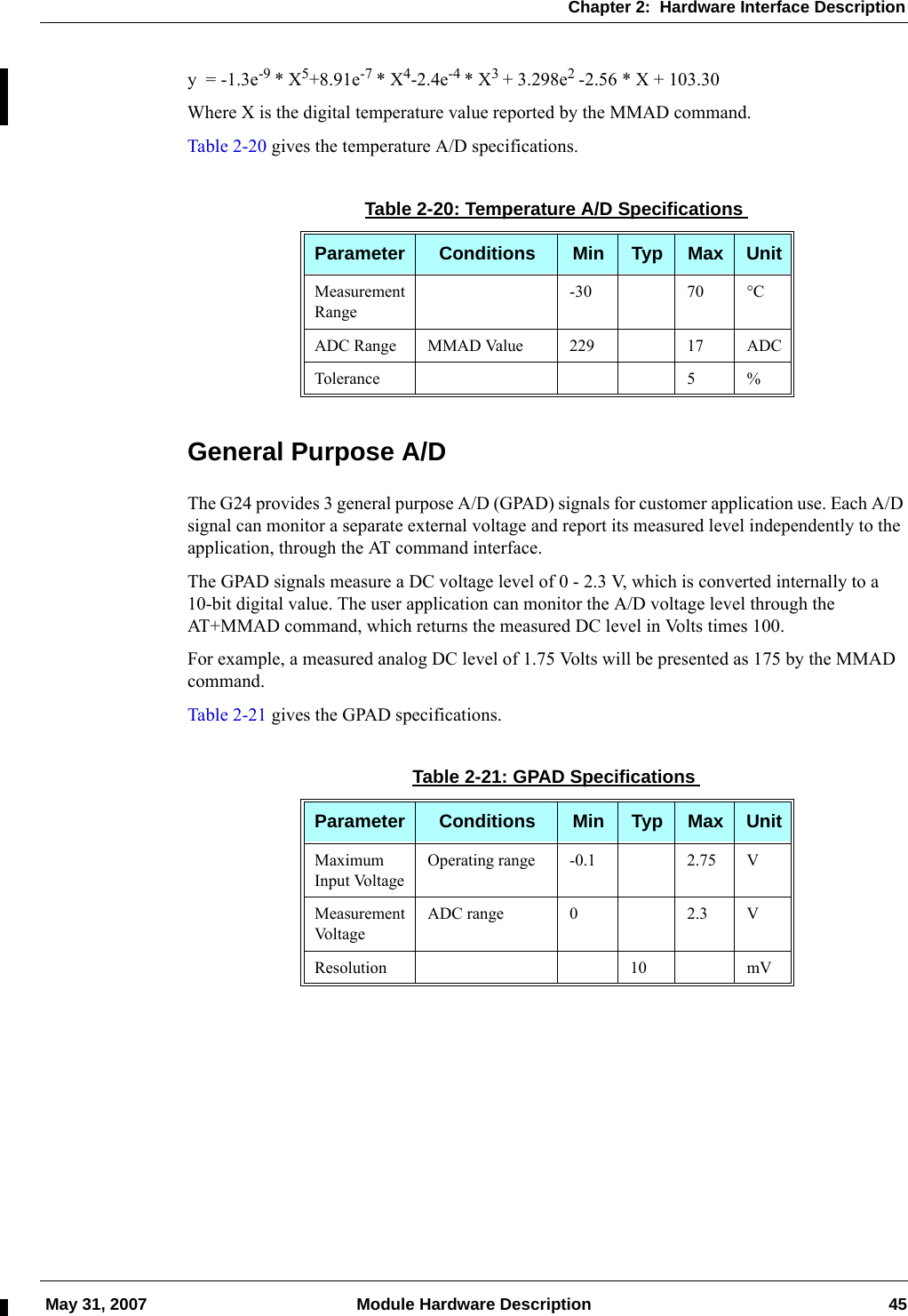 Chapter 2:  Hardware Interface Description May 31, 2007 Module Hardware Description 45y  = -1.3e-9 * X5+8.91e-7 * X4-2.4e-4 * X3 + 3.298e2 -2.56 * X + 103.30Where X is the digital temperature value reported by the MMAD command.Table 2-20 gives the temperature A/D specifications.General Purpose A/DThe G24 provides 3 general purpose A/D (GPAD) signals for customer application use. Each A/D signal can monitor a separate external voltage and report its measured level independently to the application, through the AT command interface.The GPAD signals measure a DC voltage level of 0 - 2.3 V, which is converted internally to a 10-bit digital value. The user application can monitor the A/D voltage level through the AT+MMAD command, which returns the measured DC level in Volts times 100.For example, a measured analog DC level of 1.75 Volts will be presented as 175 by the MMAD command.Table 2-21 gives the GPAD specifications.Table 2-20: Temperature A/D SpecificationsParameter Conditions Min Typ Max UnitMeasurement Range-30 70 °CADC Range MMAD Value 229 17 ADCTolerance 5 %Table 2-21: GPAD SpecificationsParameter Conditions Min Typ Max UnitMaximum Input VoltageOperating range -0.1 2.75 VMeasurement Volta g eADC range 0 2.3 VResolution 10 mV