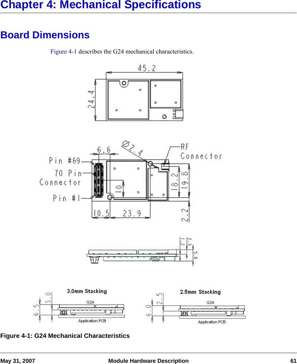 May 31, 2007 Module Hardware Description 61Chapter 4: Mechanical SpecificationsBoard DimensionsFigure 4-1 describes the G24 mechanical characteristics.Figure 4-1: G24 Mechanical Characteristics