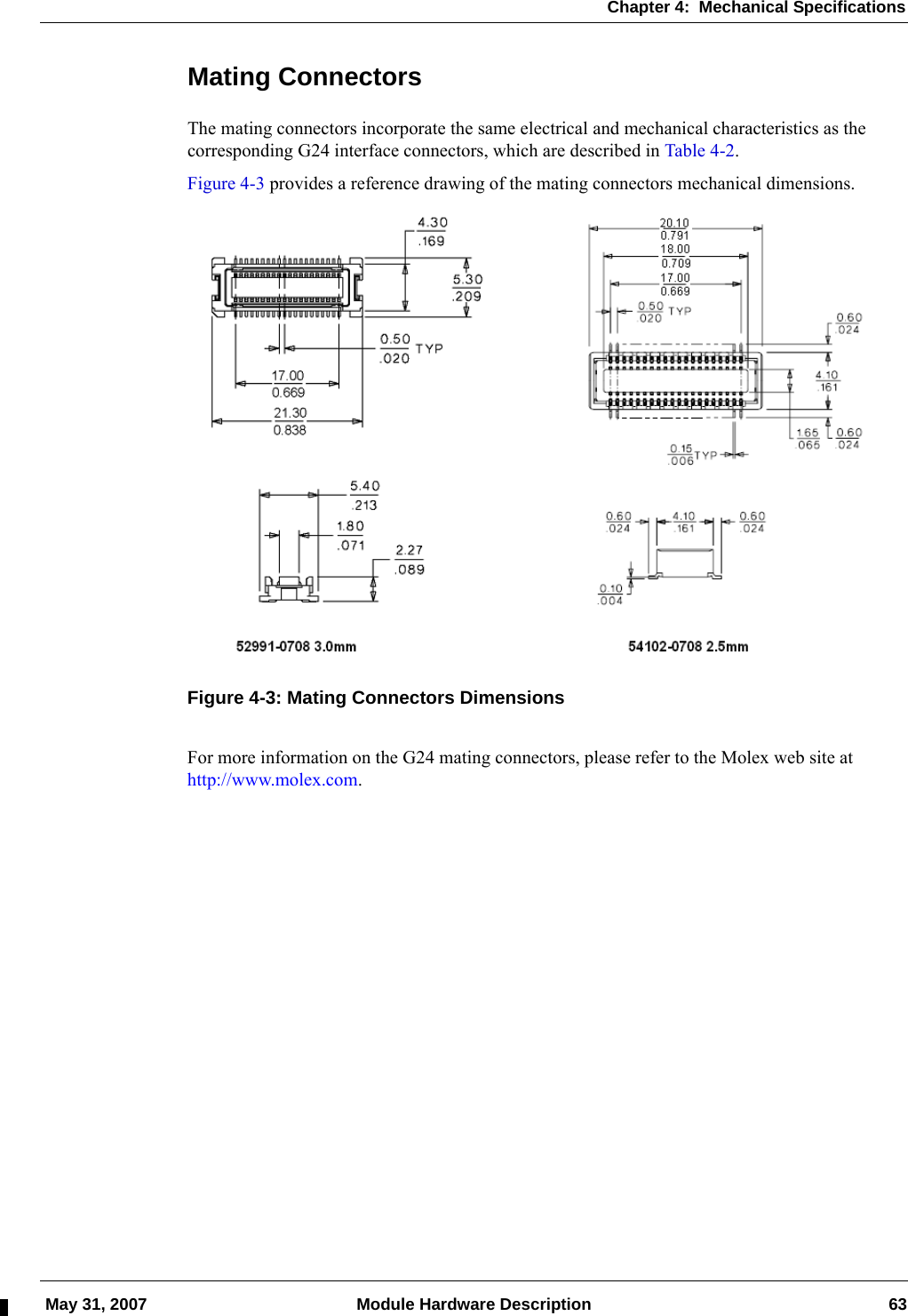 Chapter 4:  Mechanical Specifications May 31, 2007 Module Hardware Description 63Mating ConnectorsThe mating connectors incorporate the same electrical and mechanical characteristics as the corresponding G24 interface connectors, which are described in Table 4-2.Figure 4-3 provides a reference drawing of the mating connectors mechanical dimensions.Figure 4-3: Mating Connectors DimensionsFor more information on the G24 mating connectors, please refer to the Molex web site at http://www.molex.com.