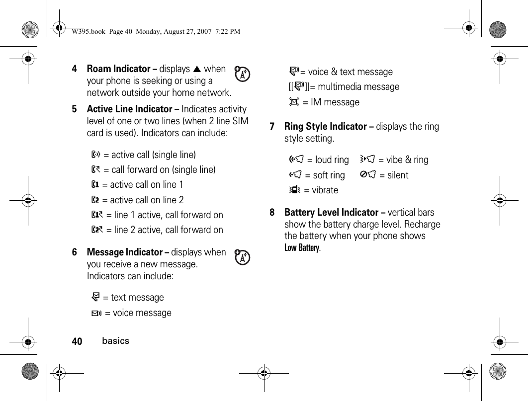 40basics4 Roam Indicator – displays ã when your phone is seeking or using a network outside your home network.5 Active Line Indicator – Indicates activity level of one or two lines (when 2 line SIM card is used). Indicators can include:6 Message Indicator – displays when you receive a new message. Indicators can include:7 Ring Style Indicator – displays the ring style setting.8 Battery Level Indicator – vertical bars show the battery charge level. Recharge the battery when your phone shows Low Battery.? = active call (single line)&gt; = call forward on (single line)@ = active call on line 1B = active call on line 2A = line 1 active, call forward onC = line 2 active, call forward onr= text messaget= voice messages= voice &amp; text message[[s]]= multimedia messaged= IM messageõ= loud ringö= vibe &amp; ringô= soft ringÍ= silentÎ= vibrateW395.book  Page 40  Monday, August 27, 2007  7:22 PM