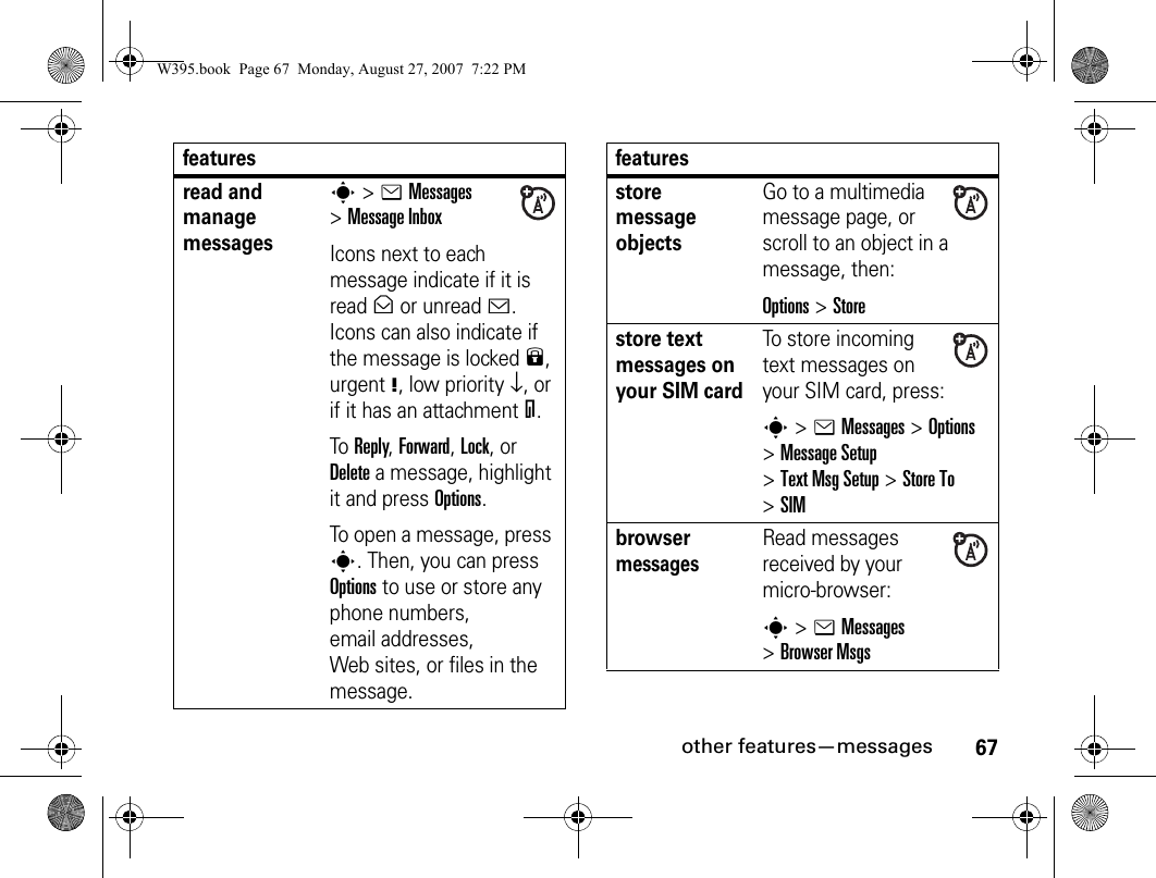 67other features—messagesread and manage messagess&gt; eMessages &gt;Message InboxIcons next to each message indicate if it is read&gt; or unread&lt;. Icons can also indicate if the message is locked9, urgent!, low priority↓, or if it has an attachment=.To Reply, Forward, Lock, or Delete a message, highlight it and press Options.To open a message, press s. Then, you can press Options to use or store any phone numbers, email addresses, Web sites, or files in the message. featuresstore message objectsGo to a multimedia message page, or scroll to an object in a message, then:Options&gt;Storestore text messages on your SIM cardTo store incoming text messages on your SIM card, press:s &gt; eMessages&gt;Options &gt;Message Setup &gt;Text Msg Setup &gt;Store To &gt;SIMbrowser messages Read messages received by your micro-browser:s&gt; eMessages &gt;Browser MsgsfeaturesW395.book  Page 67  Monday, August 27, 2007  7:22 PM