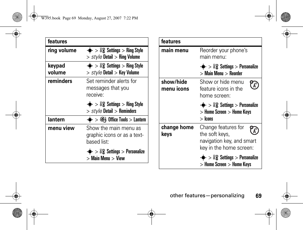 69other features—personalizingring volumes&gt; wSettings &gt;Ring Style &gt;styleDetail &gt;Ring Volumekeypad volumes&gt; wSettings &gt;Ring Style &gt;styleDetail &gt;Key VolumeremindersSet reminder alerts for messages that you receive:s&gt; wSettings &gt;Ring Style &gt;styleDetail &gt;Reminderslanterns&gt; ÉOffice Tools &gt;Lanternmenu viewShow the main menu as graphic icons or as a text-based list:s&gt; wSettings &gt;Personalize &gt;Main Menu &gt;Viewfeaturesmain menu Reorder your phone’s main menu:s&gt; wSettings &gt;Personalize &gt;Main Menu &gt;Reordershow/hide menu iconsShow or hide menu feature icons in the home screen:s&gt; wSettings &gt;Personalize &gt;Home Screen &gt;Home Keys &gt;Iconschange home keysChange features for the soft keys, navigation key, and smart key in the home screen:s&gt; wSettings&gt;Personalize &gt;Home Screen &gt;Home KeysfeaturesW395.book  Page 69  Monday, August 27, 2007  7:22 PM