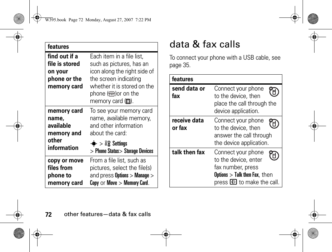 72other features—data &amp; fax callsdata &amp; fax callsTo connect your phone with a USB cable, see page 35.featuresfind out if a file is stored on your phone or the memory cardEach item in a file list, such as pictures, has an icon along the right side of the screen indicating whether it is stored on the phone ( )or on the memory card ( ).memory card name, available memory and other informationTo see your memory card name, available memory, and other information about the card:s&gt; wSettings &gt;Phone Status&gt;Storage Devicescopy or move files from phone to memory cardFrom a file list, such as pictures, select the file(s) and press Options &gt; Manage &gt; Copy or Move &gt; Memory Card.featuressend data or faxConnect your phone to the device, then place the call through the device application.receive data or faxConnect your phone to the device, then answer the call through the device application.talk then faxConnect your phone to the device, enter fax number, press Options&gt;Talk then Fax, then press N to make the call.W395.book  Page 72  Monday, August 27, 2007  7:22 PM