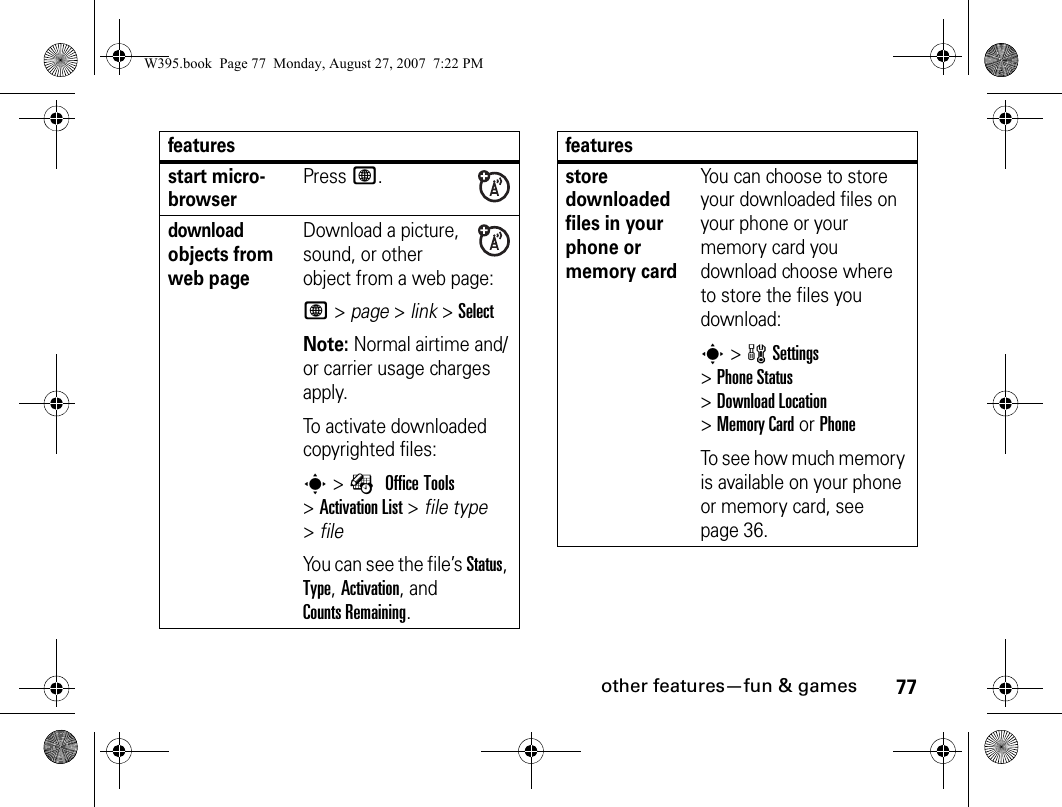 77other features—fun &amp; gamesstart micro-browserPress L.download objects from web pageDownload a picture, sound, or other object from a web page:L&gt;page &gt;link &gt;SelectNote: Normal airtime and/or carrier usage charges apply.To activate downloaded copyrighted files:s &gt;ÉOffice Tools &gt;Activation List &gt; file type &gt;fileYou can see the file’s Status, Type, Activation, and Counts Remaining.featuresstore downloaded files in your phone or memory cardYou can choose to store your downloaded files on your phone or your memory card you download choose where to store the files you download:s&gt;wSettings &gt;Phone Status &gt;Download Location &gt;Memory CardorPhoneTo see how much memory is available on your phone or memory card, see page 36.featuresW395.book  Page 77  Monday, August 27, 2007  7:22 PM