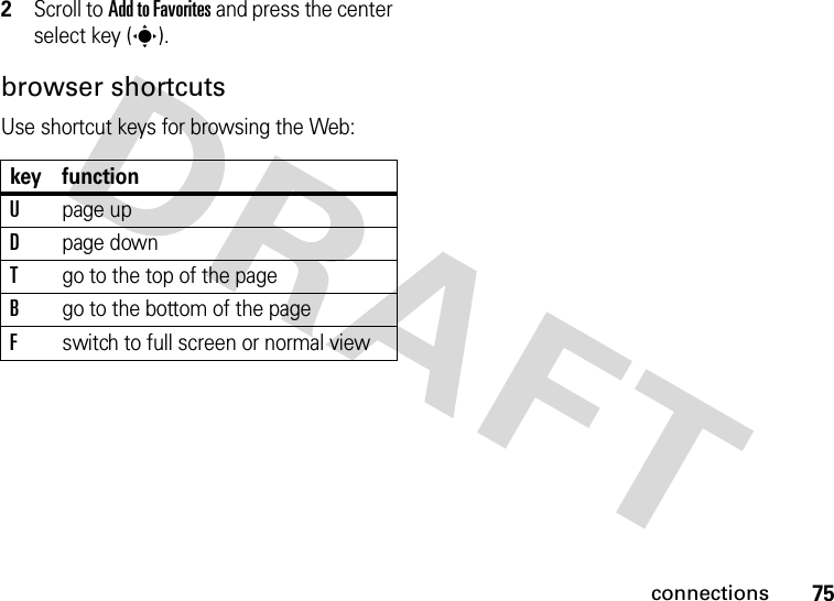 75connections2Scroll to Add to Favorites and press the center select key (s).browser shortcutsUse shortcut keys for browsing the Web:key functionUpage upDpage downTgo to the top of the pageBgo to the bottom of the pageFswitch to full screen or normal view