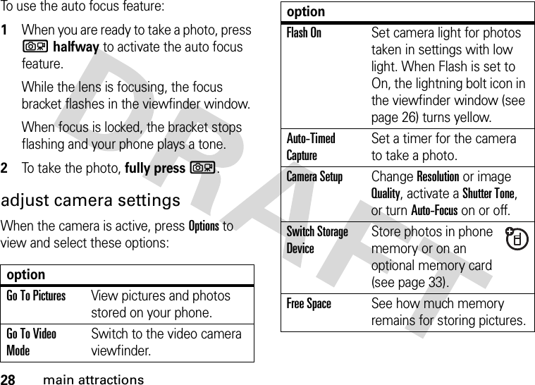 28main attractionsTo use the auto focus feature:  1When you are ready to take a photo, press b halfway to activate the auto focus feature.While the lens is focusing, the focus bracket flashes in the viewfinder window.When focus is locked, the bracket stops flashing and your phone plays a tone.2To take the photo, fully press b.adjust camera settingsWhen the camera is active, press Options to view and select these options:optionGo To PicturesView pictures and photos stored on your phone.Go To Video ModeSwitch to the video camera viewfinder.Flash OnSet camera light for photos taken in settings with low light. When Flash is set to On, the lightning bolt icon in the viewfinder window (see page 26) turns yellow.Auto-Timed CaptureSet a timer for the camera to take a photo.Camera SetupChange Resolution or image Quality, activate a Shutter Tone, or turn Auto-Focus on or off.Switch Storage DeviceStore photos in phone memory or on an optional memory card (see page 33).Free SpaceSee how much memory remains for storing pictures.option