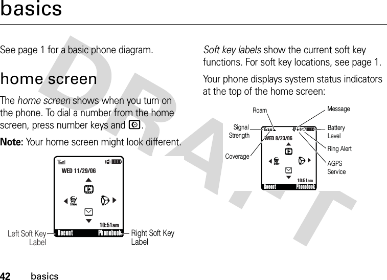 42basicsbasicsSee page 1 for a basic phone diagram.home screenThe home screen shows when you turn on the phone. To dial a number from the home screen, press number keys and N.Note: Your home screen might look different.Soft key labels show the current soft key functions. For soft key locations, see page 1.Your phone displays system status indicators at the top of the home screen:Right Soft Key Label    Left Soft Key LabelRecent Phonebook6ÎìWED 11/29/0610:51amLhJe&amp;&amp;&amp;&amp;3O\           ruõìWED 8/23/06Recent Phonebook10:51amLhJe&amp;&amp;&amp;&amp;      Signal   StrengthCoverageRoam MessageBatteryLevelRing AlertAGPSService