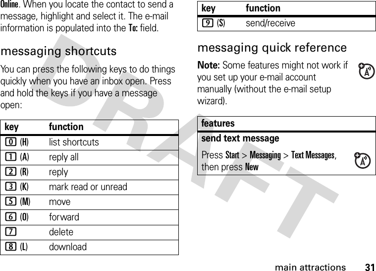 31main attractionsOnline. When you locate the contact to send a message, highlight and select it. The e-mail information is populated into the To: field.messaging shortcutsYou can press the following keys to do things quickly when you have an inbox open. Press and hold the keys if you have a message open:messaging quick referenceNote: Some features might not work if you set up your e-mail account manually (without the e-mail setup wizard).key function0 (H)list shortcuts1 (A)reply all2 (R)reply3 (K) mark read or unread5 (M)move6 (O)forward7delete8 (L) download9 (S) send/receivefeaturessend text messagePress Start &gt;Messaging &gt;Text Messages, then pressNewkey function