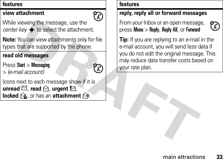 33main attractionsview attachment While viewing the message, use the center keys to select the attachment. Note: You can view attachments only for file types that are supported by the phone.read old messages Press Start &gt;Messaging &gt;(e-mail account)Icons next to each message show if it is unreadJ, readH, urgentK, lockedV, or has an attachmentR.featuresreply, reply all or forward messages From your Inbox or an open message, press Menu &gt;Reply, Reply All, or ForwardTip: If you are replying to an e-mail in the e-mail account, you will send less data if you do not edit the original message. This may reduce data transfer costs based on your rate plan.features