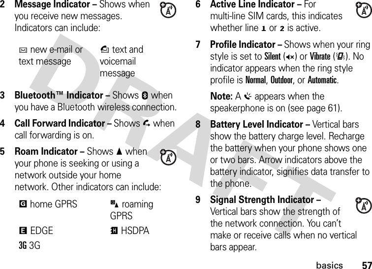 57basics2 Message Indicator – Shows when you receive new messages. Indicators can include:3 Bluetooth™ Indicator – Shows E when you have a Bluetooth wireless connection.4 Call Forward Indicator – Shows D when call forwarding is on.5Roam Indicator – Shows G when your phone is seeking or using a network outside your home network. Other indicators can include:6 Active Line Indicator – For multi-line SIM cards, this indicates whether line H or I is active.7 Profile Indicator – Shows when your ring style is set to Silent (Q) or Vibrate (&lt;). No indicator appears when the ring style profile is Normal, Outdoor, or Automatic.Note: A % appears when the speakerphone is on (see page 61). 8 Battery Level Indicator – Vertical bars show the battery charge level. Recharge the battery when your phone shows one or two bars. Arrow indicators above the battery indicator, signifies data transfer to the phone.9 Signal Strength Indicator – Vertical bars show the strength of the network connection. You can’t make or receive calls when no vertical bars appear.Cnew e-mail or text messageBtext and voicemail messagefhome GPRS)roaming GPRS\EDGEBHSDPA3G3G