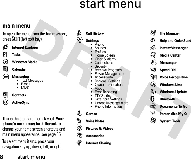 8start menustart menumain menuTo open the menu from the home screen, press Start(left soft key).gInternet Explorer$Ta s k scWindows Media%Calendar&amp;Messaging• Text Messages•E-mail• MMS(ContactsAActiveSyncThis is the standard menu layout. Your phone’s menu may be different.To change your home screen shortcuts and main menu appearance, see page 35.To select menu items, press your navigation key up, down, left, or right.ÅCall History)Settings• Phone• Sounds• Profiles• Home Screen•Clock &amp; Alarm• Connections• Security• Remove Programs• Power Management• Accessibility• Regional Settings• Owner Information• About• Error Reporting• TTY Settings• Text Input Settings• Unread Message Alert• Phone Information2GamesÄVoi c e NotesÃPictures &amp; Videos-AccessoriesÂInternet Sharing/File Manager1Help and QuickStartÁInstantMessenger[Media CenterWMessenger3Speed Dial\Voice Recognition7Windows Live8Windows Update]Bluetooth&gt;Documents To Go=Personalize My Q9System Tools