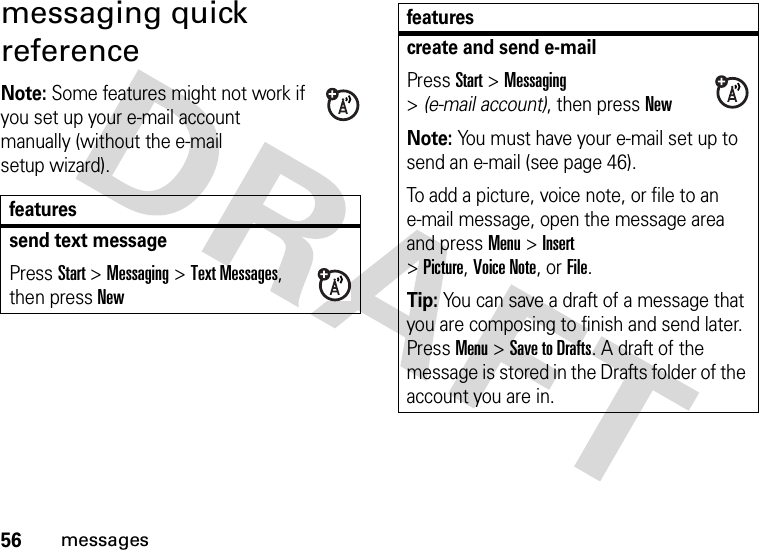 56messagesmessaging quick referenceNote: Some features might not work if you set up your e-mail account manually (without the e-mail setup wizard).featuressend text messagePress Start &gt;Messaging &gt;Text Messages, then pressNewcreate and send e-mailPress Start &gt;Messaging &gt;(e-mail account), then pressNewNote: You must have your e-mail set up to send an e-mail (see page 46).To add a picture, voice note, or file to an e-mail message, open the message area and press Menu &gt;Insert &gt;Picture,Voice Note,orFile.Tip: You can save a draft of a message that you are composing to finish and send later. Press Menu &gt;Save to Drafts. A draft of the message is stored in the Drafts folder of the account you are in.features