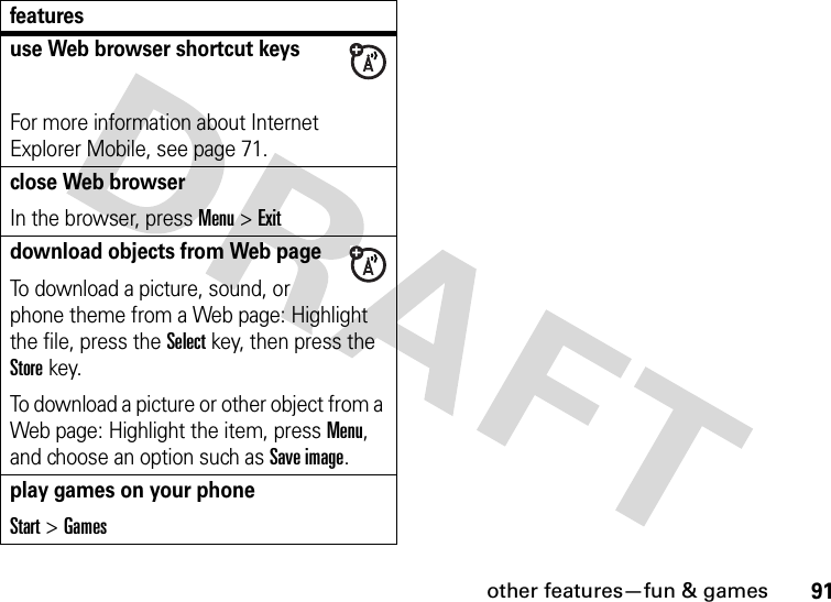 other features—fun &amp; games91use Web browser shortcut keysFor more information about Internet Explorer Mobile, see page 71.close Web browserIn the browser, press Menu &gt;Exitdownload objects from Web page To download a picture, sound, or phone theme from a Web page: Highlight the file, press the Selectkey, then press the Storekey.To download a picture or other object from a Web page: Highlight the item, press Menu, and choose an option such as Save image.play games on your phoneStart &gt;Gamesfeatures