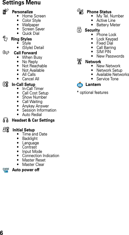 6Settings Menul Personalize• Home Screen•Color Style• Wallpaper • Screen Saver•Quick Dialt Ring Styles•Style•(Style) DetailH  Call Forward• When Busy• No Reply• Not Reachable• Not Available• All Calls• Cancel AllU In-Call Setup• In-Call Timer•Call Cost Setup• Show Number• Call Waiting• Anykey Answer• Session Information• Auto RedialS Headset &amp; Car SettingsZ Initial Setup• Time and Date• Backlight• Language• Contrast• Input Mode• Connection Indication• Master Reset• Master ClearAuto power offm Phone Status• My Tel. Number• Active Line• Battery Meteru Security• Phone Lock• Lock Keypad•Fixed Dial• Call Barring• SIM PIN•New Passwordsj Network•New Network•Network Setup•Available Networks•Service ToneLantern* optional features 