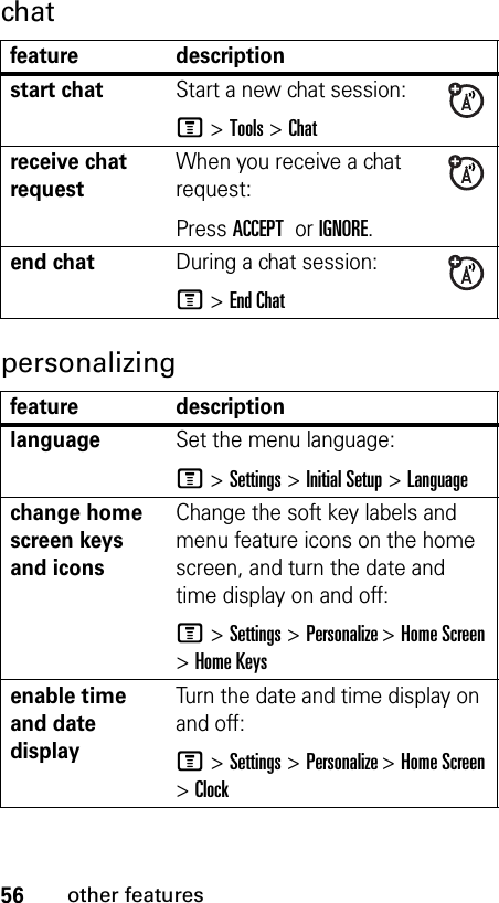 56other featureschatpersonalizingfeature descriptionstart chatStart a new chat session:M &gt;Tools &gt; Chatreceive chat requestWhen you receive a chat request:Press ACCEPT or IGNORE.end chatDuring a chat session:M &gt;End Chatfeature descriptionlanguageSet the menu language:M &gt;Settings &gt;Initial Setup &gt;Languagechange home screen keys and icons Change the soft key labels and menu feature icons on the home screen, and turn the date and time display on and off:M&gt;Settings&gt;Personalize &gt;Home Screen &gt;Home Keysenable time and date displayTurn the date and time display on and off:M&gt;Settings&gt;Personalize &gt;Home Screen &gt;Clock