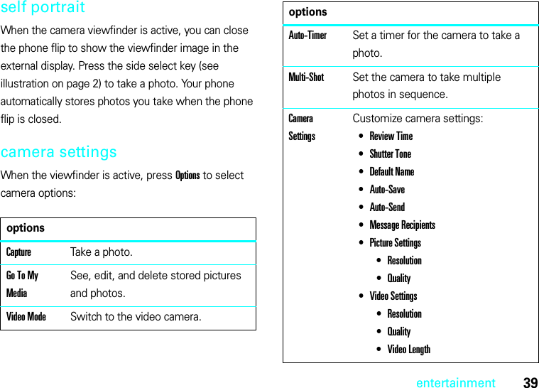 39entertainmentself portraitWhen the camera viewfinder is active, you can close the phone flip to show the viewfinder image in the external display. Press the side select key (see illustration on page 2) to take a photo. Your phone automatically stores photos you take when the phone flip is closed.camera settingsWhen the viewfinder is active, press Options to select camera options:optionsCaptureTake a photo.Go To My MediaSee, edit, and delete stored pictures and photos.Video ModeSwitch to the video camera.Auto-TimerSet a timer for the camera to take a photo.Multi-ShotSet the camera to take multiple photos in sequence.Camera SettingsCustomize camera settings: •Review Time •Shutter Tone •Default Name •Auto-Save •Auto-Send •Message Recipients •Picture Settings •Resolution •Quality •Video Settings •Resolution •Quality •Video Length options