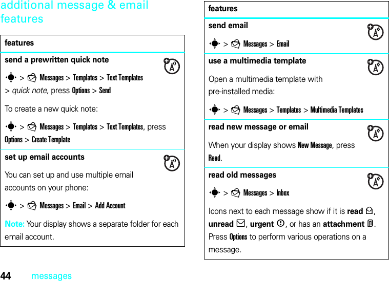 44messagesadditional message &amp; email featuresfeaturessend a prewritten quick notes &gt;gMessages &gt;Templates &gt;Text Templates &gt;quick note, press Options&gt;SendTo create a new quick note:s &gt;gMessages &gt;Templates &gt;Text Templates, press Options&gt;Create Templateset up email accountsYou can set up and use multiple email accounts on your phone:s &gt;gMessages &gt;Email &gt;Add AccountNote: Your display shows a separate folder for each email account.send emails &gt;gMessages &gt;Emailuse a multimedia templateOpen a multimedia template with pre-installed media:s &gt;gMessages &gt;Templates &gt;Multimedia Templatesread new message or emailWhen your display shows New Message, press Read.read old messagess &gt;gMessages &gt;InboxIcons next to each message show if it is read&gt;, unread], urgent&lt;, or has an attachment*. Press Options to perform various operations on a message.features