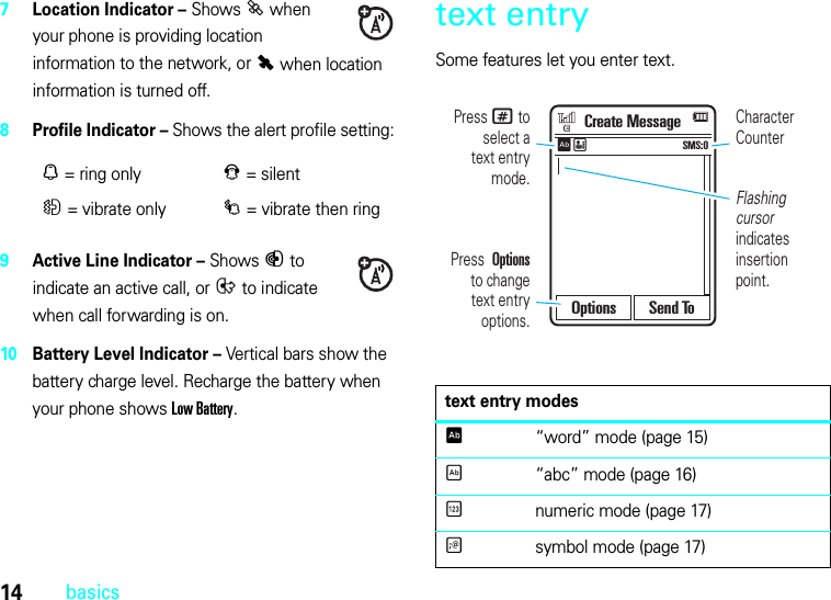 14basics7Location Indicator – Shows P when your phone is providing location information to the network, or Q when location information is turned off.8Profile Indicator – Shows the alert profile setting:9Active Line Indicator – Shows B to indicate an active call, or E to indicate when call forwarding is on.10 Battery Level Indicator – Vertical bars show the battery charge level. Recharge the battery when your phone shows Low Battery.text entrySome features let you enter text.N= ring onlyJ= silentH= vibrate onlyI= vibrate then ringtext entry modesÊ“word” mode (page 15)É“abc” mode (page 16)Ènumeric mode (page 17)Ãsymbol mode (page 17)Flashing cursor indicates insertion point.Character CounterPress # to select atext entry mode.Press  Options  to changetext entry options.Create MessageSMS:0ÊËOptions Send To