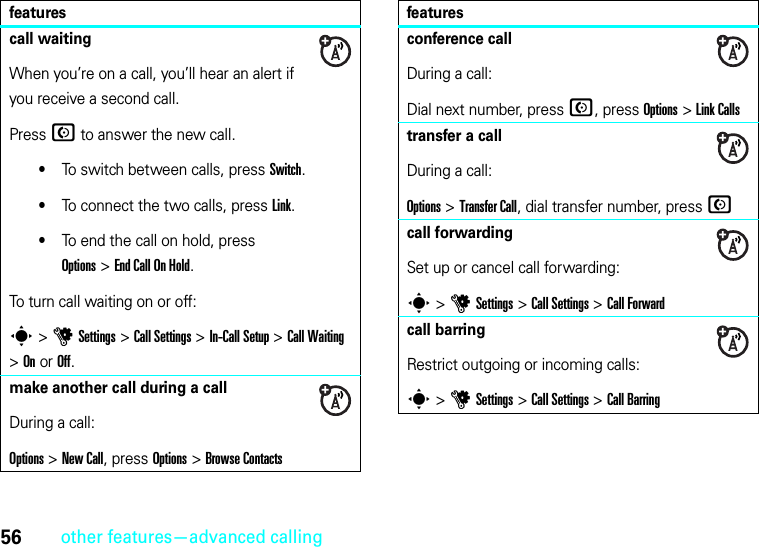 56other features—advanced callingcall waitingWhen you’re on a call, you’ll hear an alert if you receive a second call.Press N to answer the new call.•To switch between calls, press Switch.•To connect the two calls, press Link.•To end the call on hold, press Options&gt;EndCallOnHold.To turn call waiting on or off:s&gt;uSettings &gt;Call Settings &gt;In-Call Setup &gt;Call Waiting &gt;OnorOff.make another call during a callDuring a call:Options&gt;New Call, press Options&gt;Browse Contactsfeaturesconference callDuring a call:Dial next number, press N, press Options&gt;Link Callstransfer a callDuring a call:Options &gt;Transfer Call, dial transfer number, pressNcall forwardingSet up or cancel call forwarding:s &gt;uSettings &gt;Call Settings &gt;Call Forwardcall barringRestrict outgoing or incoming calls:s &gt;uSettings &gt;Call Settings &gt;Call Barringfeatures