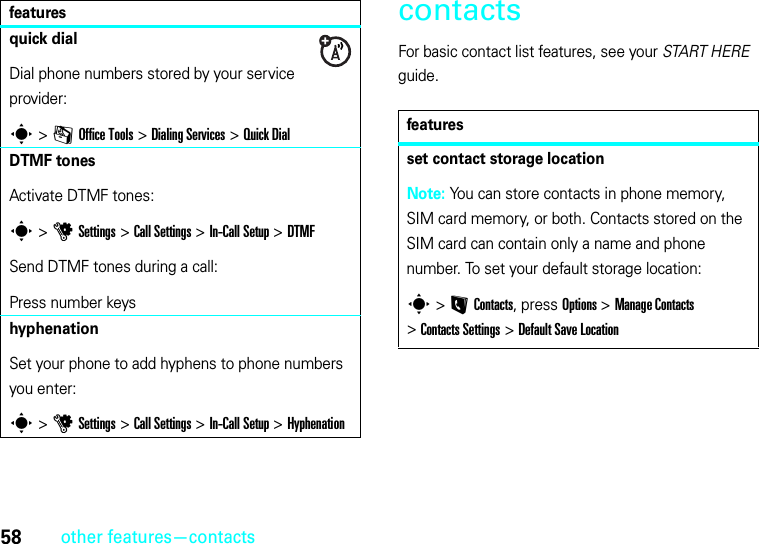 58other features—contactscontactsFor basic contact list features, see your START HERE guide.quick dialDial phone numbers stored by your service provider:s &gt;mOffice Tools &gt;DialingServices &gt;Quick DialDTMF tonesActivate DTMF tones:s &gt;uSettings &gt;Call Settings &gt;In-Call Setup &gt;DTMFSend DTMF tones during a call:Press number keyshyphenationSet your phone to add hyphens to phone numbers you enter:s &gt;uSettings &gt;Call Settings &gt;In-Call Setup &gt;Hyphenationfeaturesfeaturesset contact storage locationNote: You can store contacts in phone memory, SIM card memory, or both. Contacts stored on the SIM card can contain only a name and phone number. To set your default storage location:s &gt;LContacts, press Options &gt;Manage Contacts &gt;Contacts Settings &gt;Default Save Location