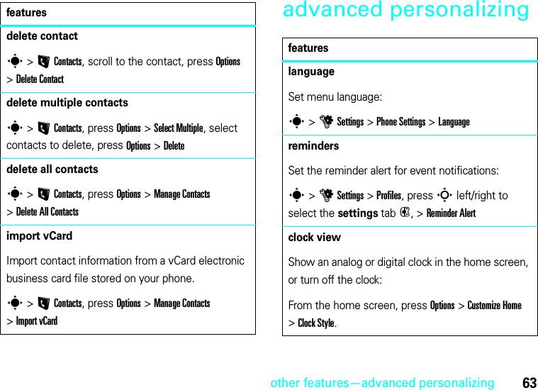 other features—advanced personalizing63advanced personalizingdelete contacts &gt;LContacts, scroll to the contact, press Options &gt;Delete Contactdelete multiple contactss &gt;LContacts, press Options&gt;Select Multiple, select contacts to delete, press Options&gt;Deletedelete all contactss &gt;LContacts, press Options &gt;Manage Contacts &gt;Delete All Contactsimport vCardImport contact information from a vCard electronic business card file stored on your phone.s &gt;LContacts, press Options &gt;Manage Contacts &gt;Import vCardfeaturesfeatureslanguageSet menu language:s &gt;uSettings &gt;Phone Settings &gt;LanguageremindersSet the reminder alert for event notifications:s &gt;uSettings &gt;Profiles, press S left/right to select the settings tab#, &gt;Reminder Alertclock viewShow an analog or digital clock in the home screen, or turn off the clock:From the home screen, press Options &gt;Customize Home &gt;Clock Style.