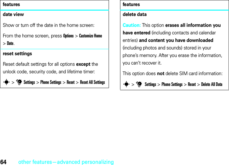 64other features—advanced personalizingdate viewShow or turn off the date in the home screen:From the home screen, press Options &gt;Customize Home &gt;Date.reset settingsReset default settings for all options except the unlock code, security code, and lifetime timer:s &gt;uSettings &gt;Phone Settings &gt;Reset &gt;Reset All Settingsfeaturesdelete dataCaution: This option erases all information you have entered (including contacts and calendar entries) and content you have downloaded (including photos and sounds) stored in your phone’s memory. After you erase the information, you can’t recover it.This option does not delete SIM card information:s &gt;u Settings &gt;Phone Settings &gt;Reset &gt;Delete All Datafeatures