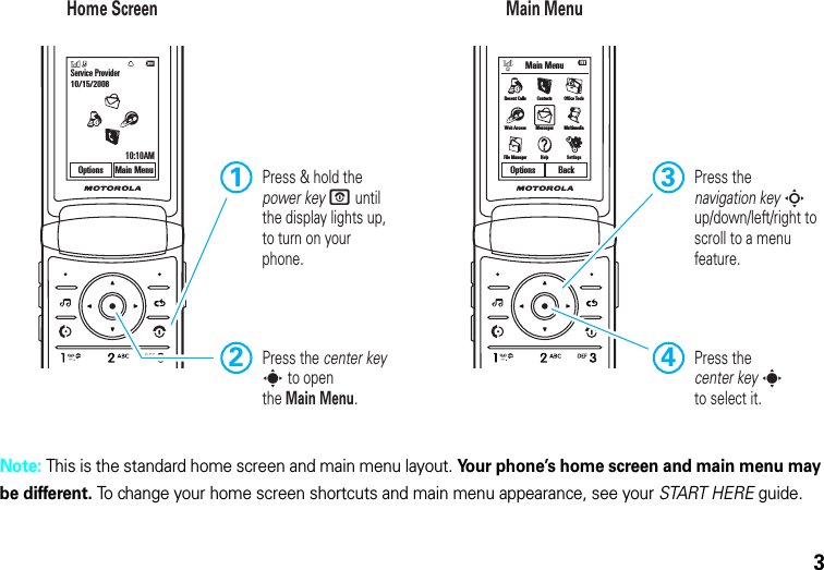 3Note: This is the standard home screen and main menu layout. Your phone’s home screen and main menu may be different. To change your home screen shortcuts and main menu appearance, see your START HERE guide.Service Provider10/15/200810:10AMOptions Main MenuMain MenuOptions BackRecent Calls Contacts Office ToolsWeb Access MultimediaMessagesFile Manager Help SettingsHome Screen Main Menu Press &amp; hold the power key P until the display lights up, to turn on your phone.1Press thecenter key sto select it.4Press thenavigation key S up/down/left/right to scroll to a menu feature.3Press the center key s to openthe Main Menu.2