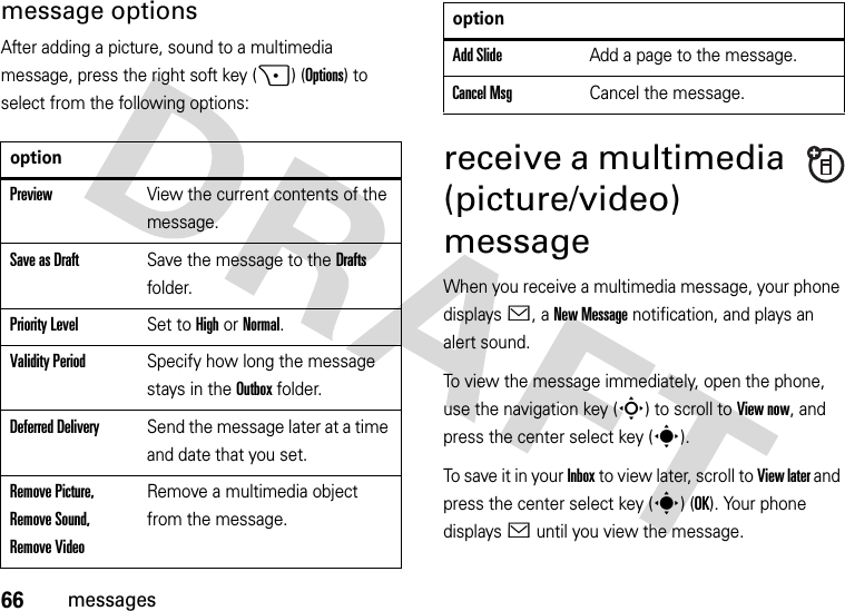 66messagesmessage optionsAfter adding a picture, sound to a multimedia message, press the right soft key (+) (Options) to select from the following options:receive a multimedia (picture/video) messageWhen you receive a multimedia message, your phone displays &lt;, a New Message notification, and plays an alert sound.To view the message immediately, open the phone, use the navigation key (S) to scroll to View now, and press the center select key (s). To save it in your Inbox to view later, scroll to View later and press the center select key (s) (OK). Your phone displays &lt; until you view the message.optionPreviewView the current contents of the message.Save as DraftSave the message to the Drafts folder.Priority LevelSet to High or Normal.Validity PeriodSpecify how long the message stays in the Outbox folder.Deferred DeliverySend the message later at a time and date that you set.Remove Picture, Remove Sound, Remove VideoRemove a multimedia object from the message.Add SlideAdd a page to the message.Cancel MsgCancel the message.option