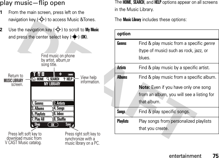 75entertainmentplay music—flip open  1From the main screen, press left on the navigation key (S) to access Music &amp;Tones.2Use the navigation key (S) to scroll to My Music and press the center select key (s) (OK).The HOME, SEARCH, and HELP options appear on all screens in the Music Library.The Music Library includes these options:1. GenresMY LIBRARY2. Artists4. Songs6. Inbox8. Shuffle3. Albums5. Playlists7. Play AllShop SyncOKHOME SEARCH HELPNPress left soft key to download music from V CAST Music catalog.Press right soft key to synchronize with a music library on a PC.Return toMUSIC LIBRARY screen.View helpinformation.Find music on phone by artist, album,or song title.1❙❙❙ò❙❙❙1XEVEVoptionGenresFind &amp; play music from a specific genre (type of music) such as rock, jazz, or blues.ArtistsFind &amp; play music by a specific artist.AlbumsFind &amp; play music from a specific album.Note: Even if you have only one song from an album, you will see a listing for that album.SongsFind &amp; play specific songs.PlaylistsPlay songs from personalized playlists that you create.